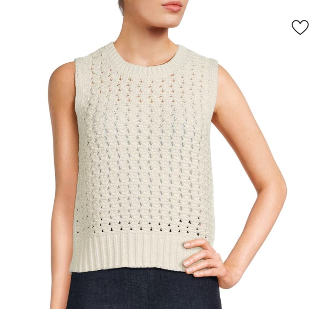 DKNY Womens S Open Knit Crewneck Sleeveless Vest in Eggnog Cream
